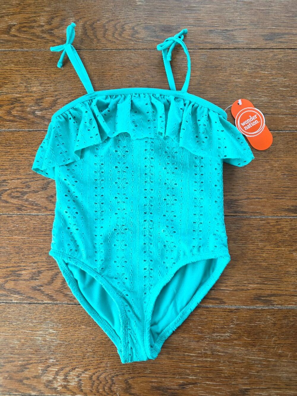 Girls Teal Green Eyelet Ruffle One-Piece Swimsuit - M (8-10) - NWT